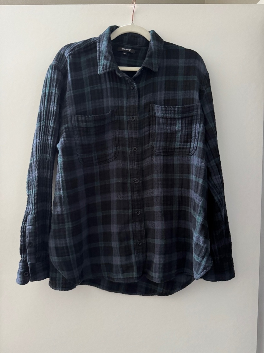 Madewell Navy Green Plaid Textured Cotton Button-Down Shirt L